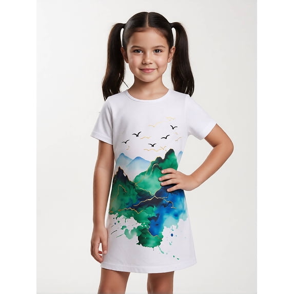 Kids Simple Short Sleeve Dress Relaxed-Fit Crew Neck Play Dress for Girls Big Girls Age 6-13 Daily Style
