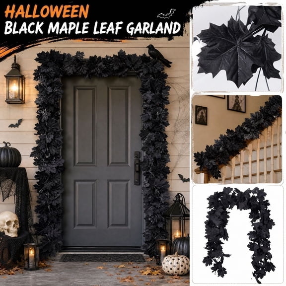 5.6ft Artificial Black Maple Leaf Garland, Halloween Decorations for Home, Fall Seasonal Foliage for Mantle, Fireplace, Staircase, and Holiday Party Decor
