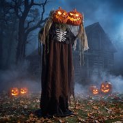 5.6ft Halloween Animatronic Pumpkin Head Ghost, Sound Activated Orange LED Eyes & Scary Voice, Standing Haunted House Decor