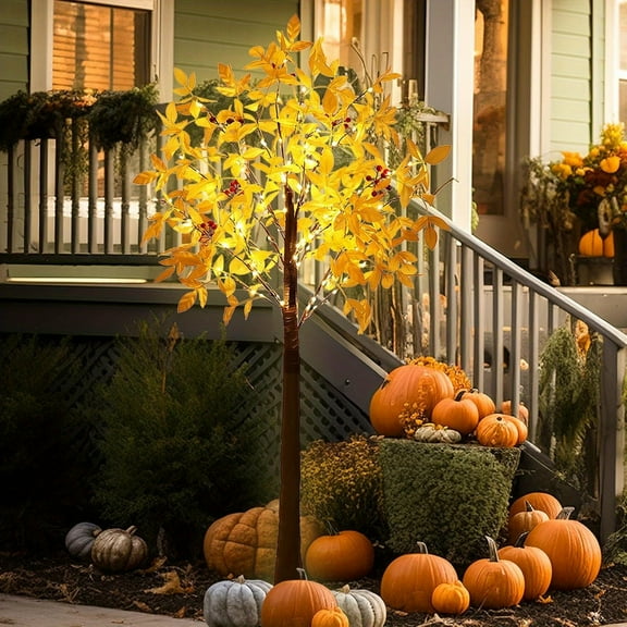 5/6ft Lighted Maple Tree – 105 Red LED Fruits & 96 Pine Cones. Perfect for Fall, Halloween, Thanksgiving, Christmas & Weddings. Indoor/Outdoor Decorative Tree – Stunning Festive Gift!