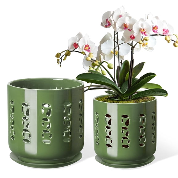 5&6in Ceramic Orchid Pots with Holes&Saucers Root Care Planter | Leaf Vein Relief Design With Leaf Shaped Openings | Air Circulation | Eco Friendly Biodegradable Ceramic | Orchid Root Care