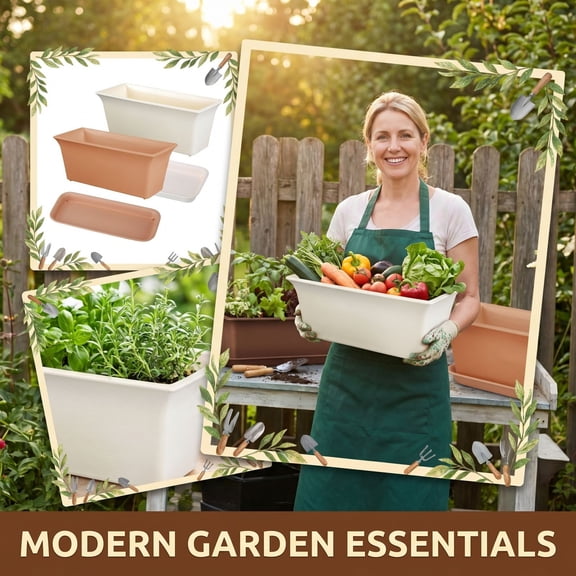 5.7*12.6in Herb Garden Planter Outdoor Rectangular Scalloped Edge White Windowsill Tray Equipped Small Plastic Container Balcony Garden Setup
