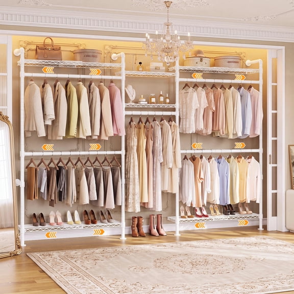 5.7‑8.2FT Expandable Wall Mounted Closet System, Closet Organizer with 4 Telescopic Shelves & 5 Adjustable Rods, Industrial Pipe Clothing Rack for Walk‑in Closet, Bedroom, Laundry Room, White