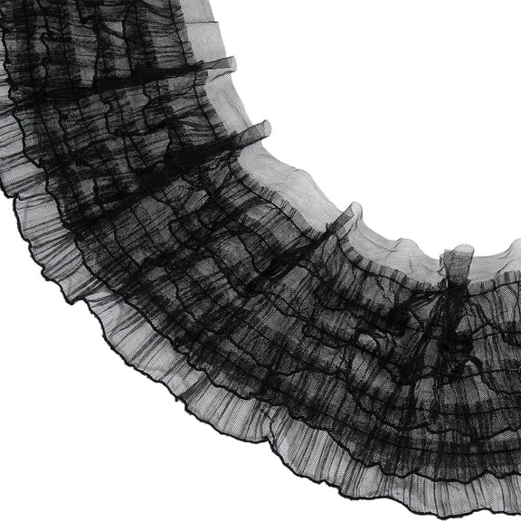 5 7/8 Inch Wide Black Ruffle Lace Trim Pleated Chiffon Sheer Ribbon 5 Layer Gathered Ruffled Edge Tulle Mesh Fabric Applique Trimming