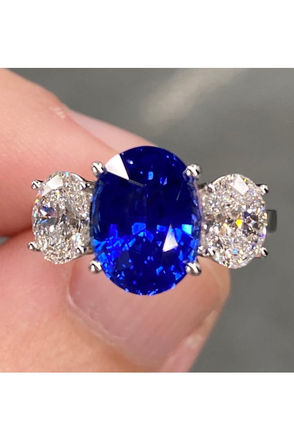 5.7 Ctw Peacock Lab Blue SapphireRing Oval Three Stone Art Deco Engagement Ring