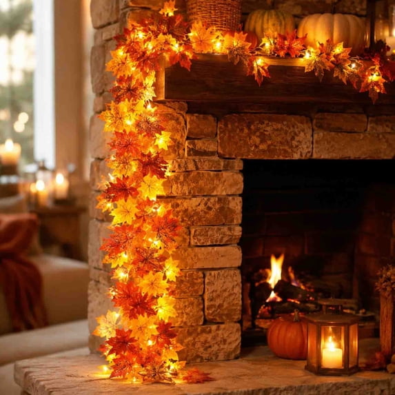 5.7 Ft Lighted Artificial Fall Maple Leaf Garland Indoor Decoration, Halloween Plastic Hanging Vine with Warm LED Light for Thanksgiving Halloween Mantel Stair Porch Indoor