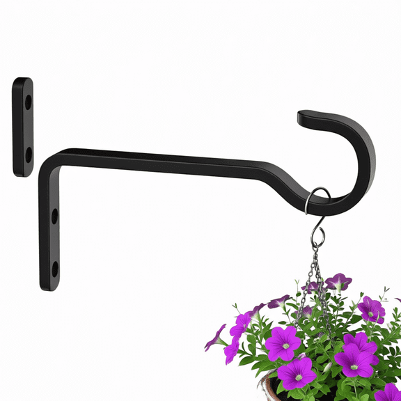 2 Pack Black Wall Mount Plant Hooks, Heavy Duty Iron Hanging Brackets for Lanterns, Wind Chimes, Bird Feeders and Planters, Rustproof Outdoor Sconce Brackets with Screws
