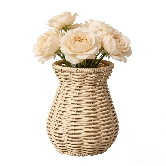 5.7" Rustic Woven Flower Vase, Brown Rattan Style Decorative Vase for Pampas Grass, Boho Farmhouse Table Centerpiece for Living Room Bedroom Decor-Beige