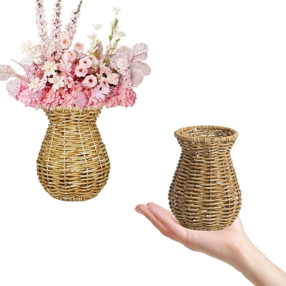 5.7'' Woven Rattan Flower Vase, Plastic Wicker Vase, Rustic Farmhouse Table Centerpiece, Flower Arrangement Container for Home Decor, Wedding, Dining Table, Living Room, Bedroom & Boho Decoration