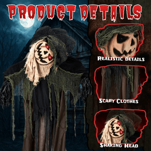 5.7 ft Halloween Animatronic Wizard with Pumpkin Face, Sound-Activated Decoration with Red LED Eyes, Moving Head and Scary Male Voice, Battery Powered Indoor Outdoor Haunted House Yard Decor