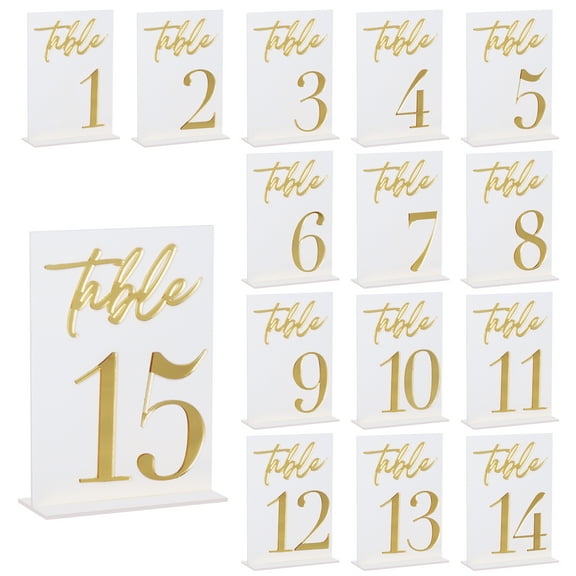5*7 inch Acrylic Sign Gold Printed Table Numbers, Wedding Table Number for Wedding Reception Hotals Acrylic Sheets with Place Card Holder(15)