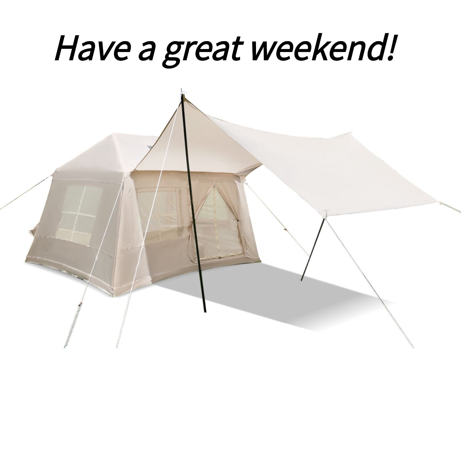 5.72m ² Inflatable Camping Tent, Glamping Tents Easy Setup 4 Season Windproof Outdoor Cotton Tent with Stove Jack & Mesh Windows & Pump   WL