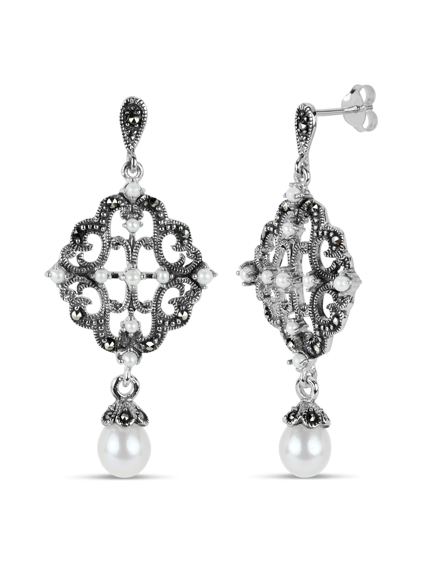 5.73 ct Fresh Water Pearl Drop Marcasite Sterling Silver Drop Earrings