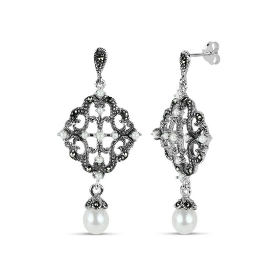 5.73 ct Fresh Water Pearl Drop Marcasite Sterling Silver Drop Earrings
