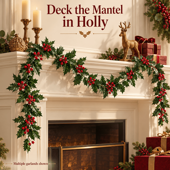 5.74 Ft Christmas Holly Garland, Pre‑Decorated Artificial Greenery Garland with Leaves & Red Berries, Festive Holiday with Hanging Loops for Mantel, Table Runner, Stair, Arch, Xmas Home Decor