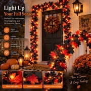 5.74 Halloween Black Red Maple Leaf Rattan Garland with Lights, Artificial Fall Vines for Home Thanksgiving Harvest Festival Decor