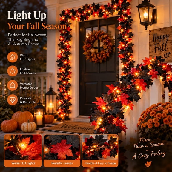 5.74 Halloween Black Red Maple Leaf Rattan Garland with Lights, Artificial Fall Vines for Home Thanksgiving Harvest Festival Decor