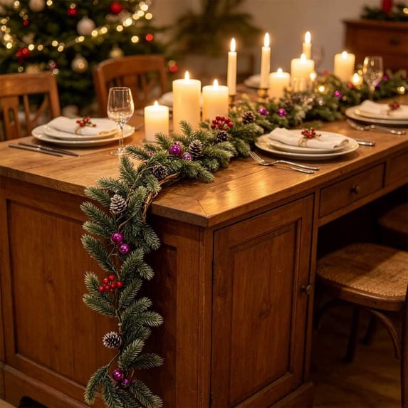5.74Ft Christmas Garland with String Lights - LED Christmas Garland Red Berry Purple Ball Pine Greenery Holiday Mantel Door Decor