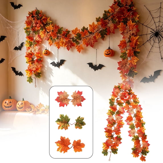 5.74Ft Fall Halloween Garland - Fall Maple Leaf Garland Artificial Fall Vine Thanksgiving Harvest Home Decor