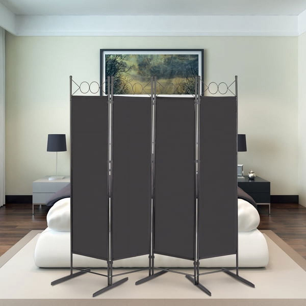 5.74Ft Foldable Screen, 4-Fold Top With Shape 160g Polyester Cloth Plastic Feet Carbon Steel Frame, Black