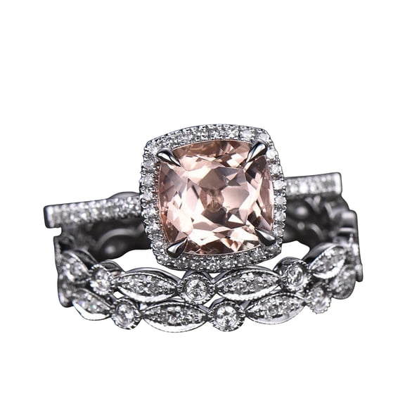 5.75 Carat Morganite Wedding Ring Set Diamond Moissanite Full Eternity Band White Gold 10mm Cushion Art Deco Stacking 10k