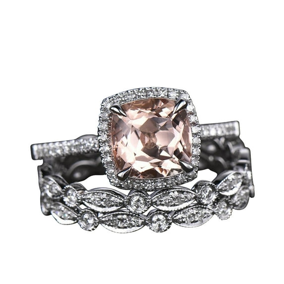 5.75 Carat Morganite Wedding Ring Set Diamond Moissanite Full Eternity Band White Gold 10mm Cushion Art Deco Stacking 10k
