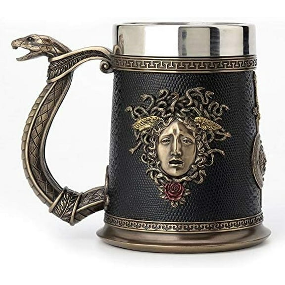 5.75 Inch Greek Roman Goddess Medusa Beer Stein Large Stainless Steel Tumbler Antique Bronze Finish Sculpture Tabletop Decorative Cup$$Home Decor, Kitchen, & Other