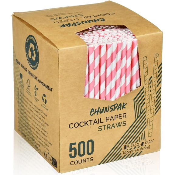 5.75 inch Short Pink Paper Straws 500 Counts, for Cocktail, Mixed Drinks, Cake Pops, Bars, Restaurants - Disposable, Compostable