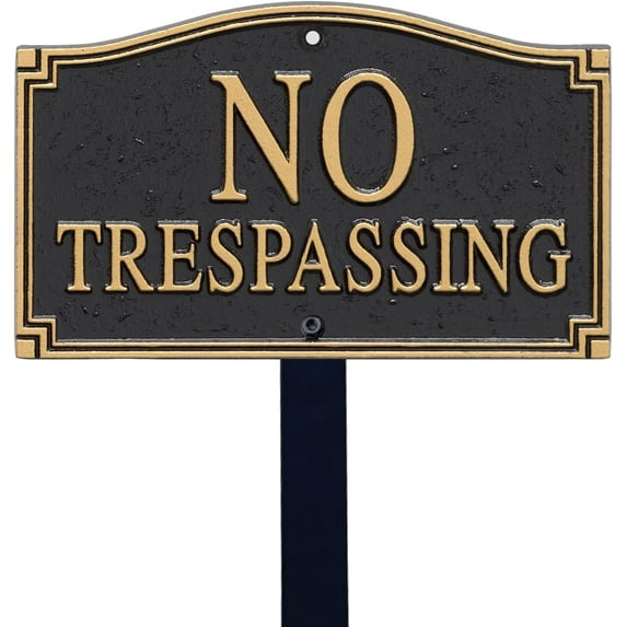 5.75 x 9.5 inch “No Trespassing” GardenBoss Statement Plaque with 18 inch Lawn Stake, 375 mil Rustproof Aluminum, Black and Gold, Set of 1, Made in USA
