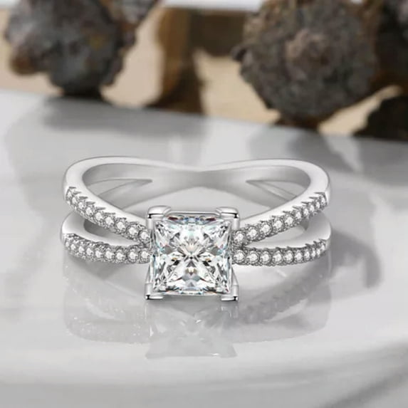 5.75mm Princess Cut 925 Silver Band AAA CZ High Polished Band Wedding Ring Sz4-9