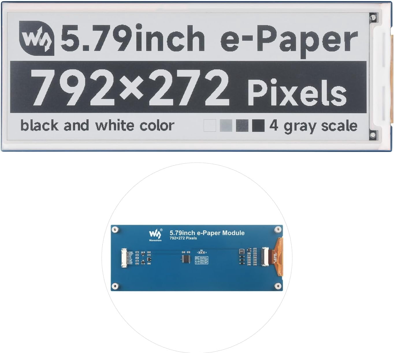 5.79inch E-Paper Display Module, Compatible with 5, E-Ink Display, 792x272, Black/White, SPI Interface