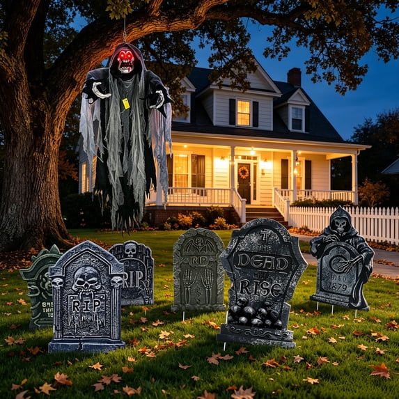 5.7FT Black Hanging Ghost Reaper with LED Sound + 6 Tombstone Yard Signs – Motion-Activated Graveyard Decor for Large Outdoor Spaces