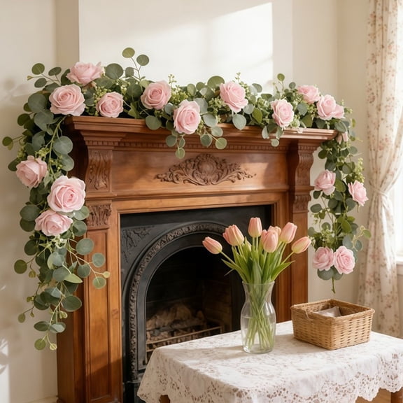 5.7FT Pink Artificial Flower Garland with 7 Roses – Silk Rose & Gypsophila Vine for Wedding Arch, Party, Table Runner, Centerpiece, Home Decor