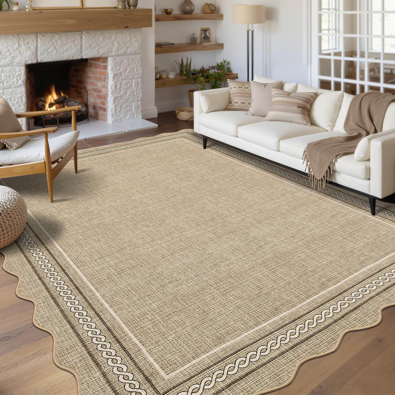 5*7FT Scalloped Washable 5x7 Area Rugs for Living Room, Non Slip Jute Printed Rug Soft Non Shedding Bedroom Rugs Foldable Low Pile Stain Resistant Carpet for Playroom Nursery Dining Room, Jute Gray