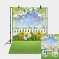 thumbnail image 1 of 5×7FT Spring Easter Backdrop Garden Flowers Green Grass Fences Bokeh Sky Easter Background Baby Shower Kid Portrait Party Decoration, 1 of 6