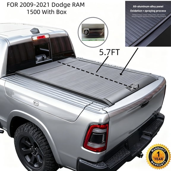 5.7Ft Retractable Hard Tonneau Cover Aluminum Alloy For 2009-2026 Dodge Ram 1500 Crew Cab Bed With RAMBOX