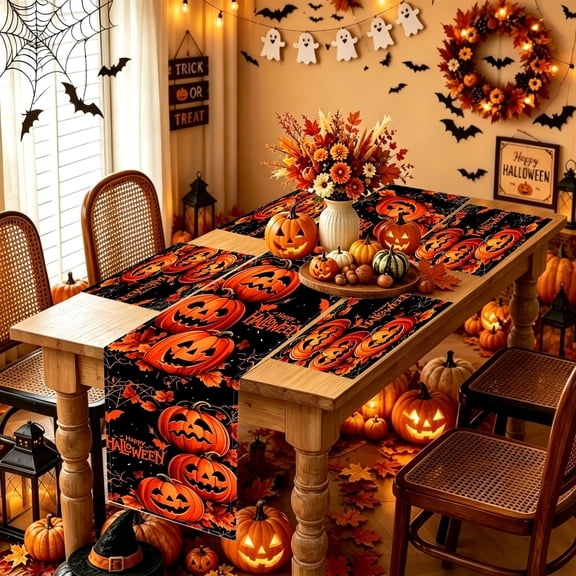 5/7Pcs Autumn Pumpkin Maple Leaf Script Table Runner & Placemat Dining Set, Table Linens Set Polyester Halloween Table Decor (17.71x11.8in / 13x70in)