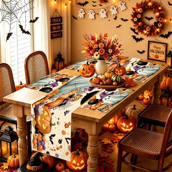 5/7Pcs Cute Ghost Balloon Candy Pumpkin Table Runner & Placemat Dining Set, Table Linens Set Polyester Halloween Table Decor (17.71x11.8in / 13x70in)