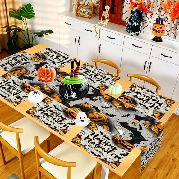 5/7Pcs Pumpkin Happy Halloween Script Table Runner & Placemat Dining Set, Polyester Halloween Table Decor (17.71x11.8in / 13x70in)