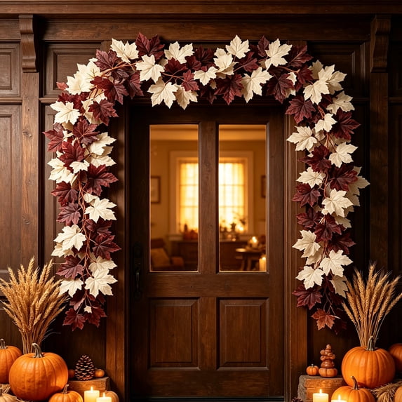 5.7ft Fall Decor Garland Long Thanksgiving Garland Autumn Maple Leaves White and Brown Wreath Hanging Rustic Decor for Front Door Kitchen Fireplace Home Indoor Outdoor