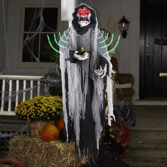 5.7ft Halloween Skeleton Hanging Ghost with LED Eyes and Creepy Sound, Grim Reaper for Indoor/Outdoor Decor (Black)