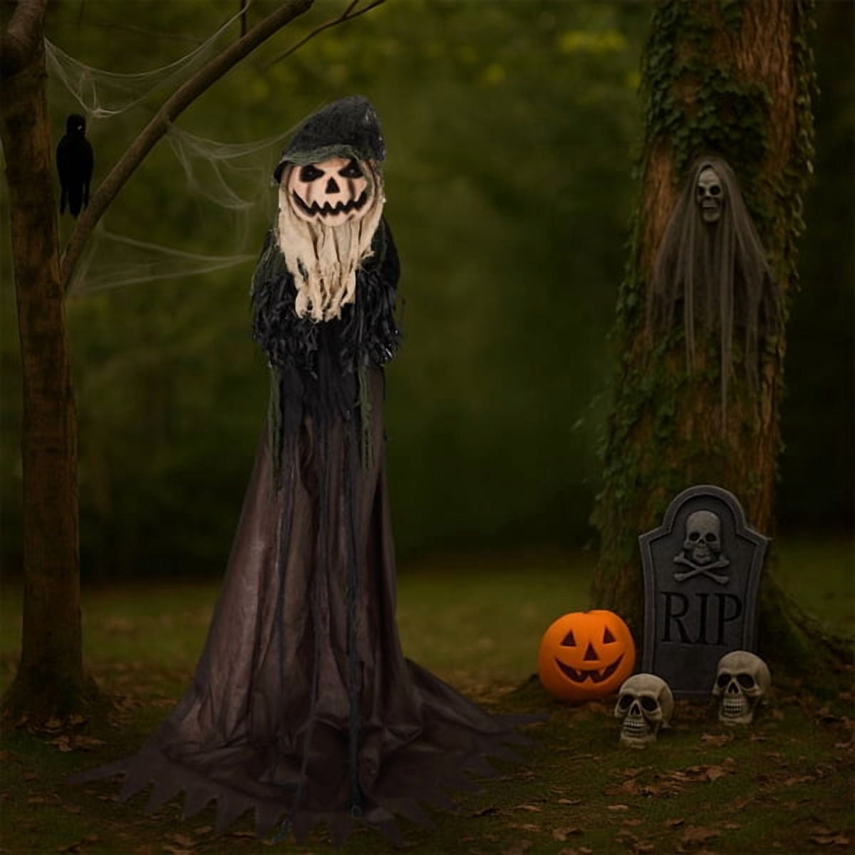 5.7ft Life-Size Halloween Animatronic Wizard, Sound-Activated (Moving Head + Red LED Eyes + Scary Male Voice), for Yard/Haunted House/Party