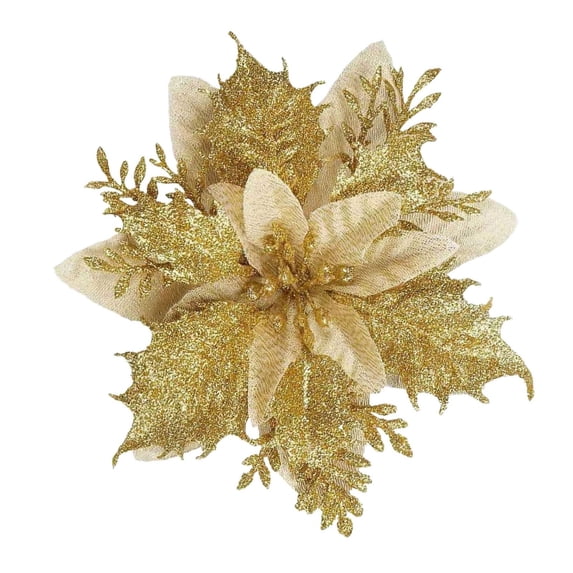 5.7inch Artificial Poinsettias Christmas Glitter Flowers Xmas Tree Flower Ornament Poinsettias Decor(Gold)