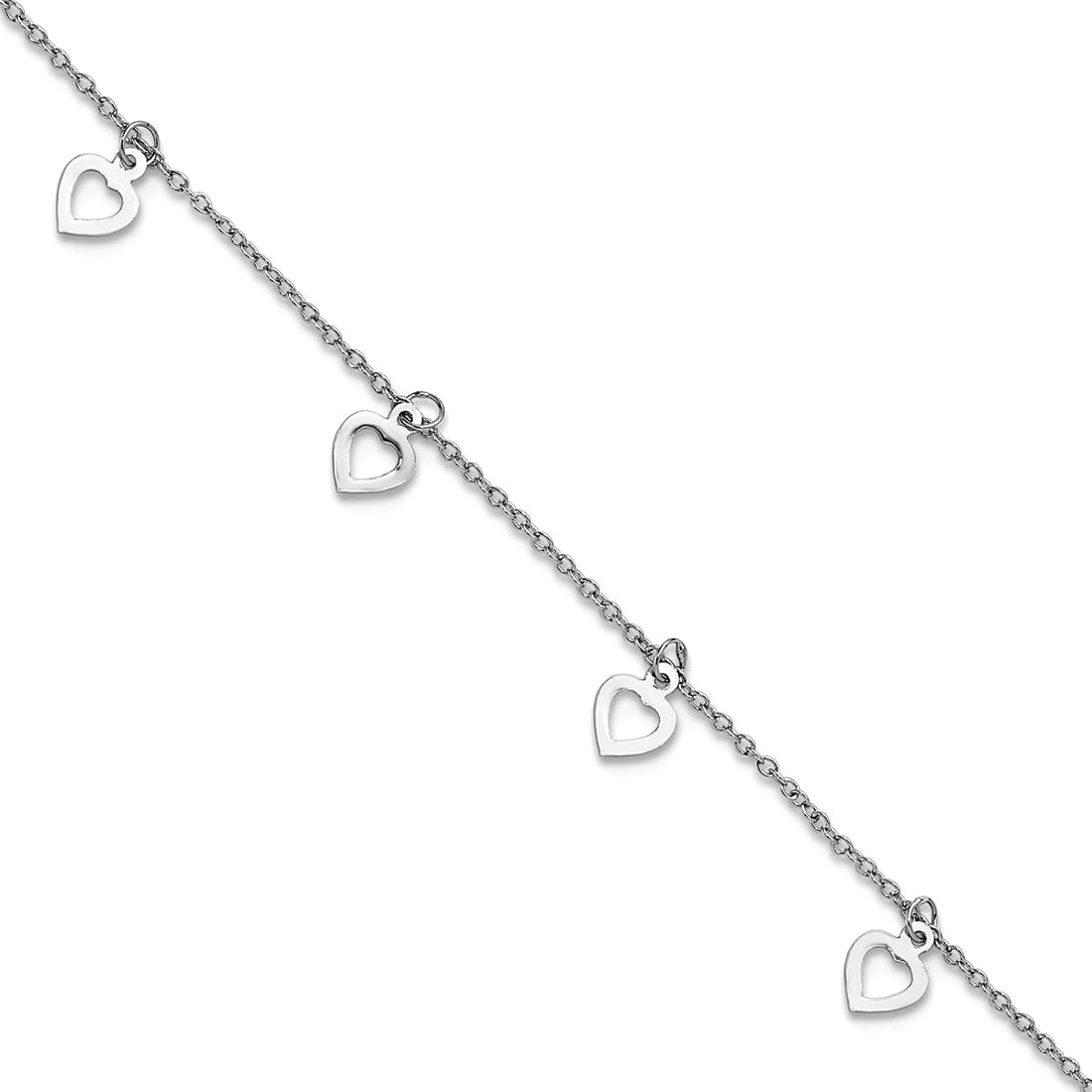 5.7mm 925 Sterling Silver Rhodium Plated Polished Love Heart Plus 1in Extension Anklet 9.5 Inch Anklet for Women