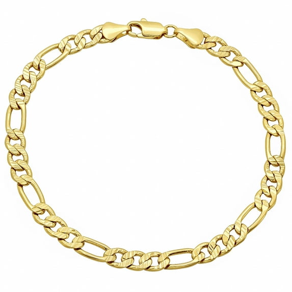 5.7mm Diamond-Cut 14k Yellow Gold Plated Flat Figaro Chain Bracelet, 7 inches + Gift Box