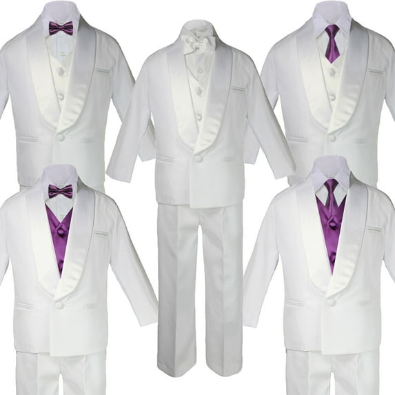5-7pc Boy Kid White Satin Shawl Lapel Suits Tuxedo Plum Satin Bow Necktie Vest