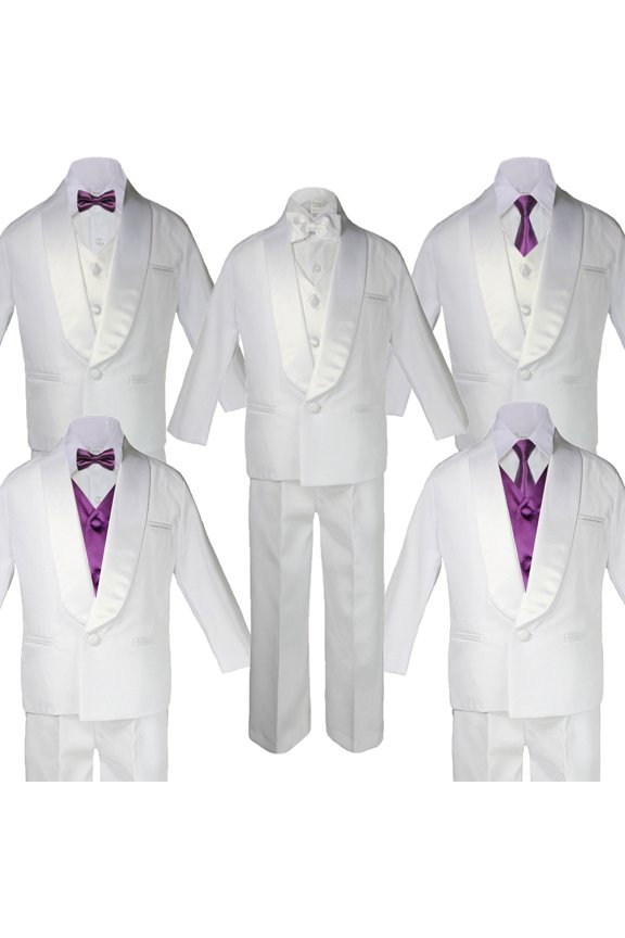 5-7pc Boy Kid White Satin Shawl Lapel Suits Tuxedo Plum Satin Bow Necktie Vest
