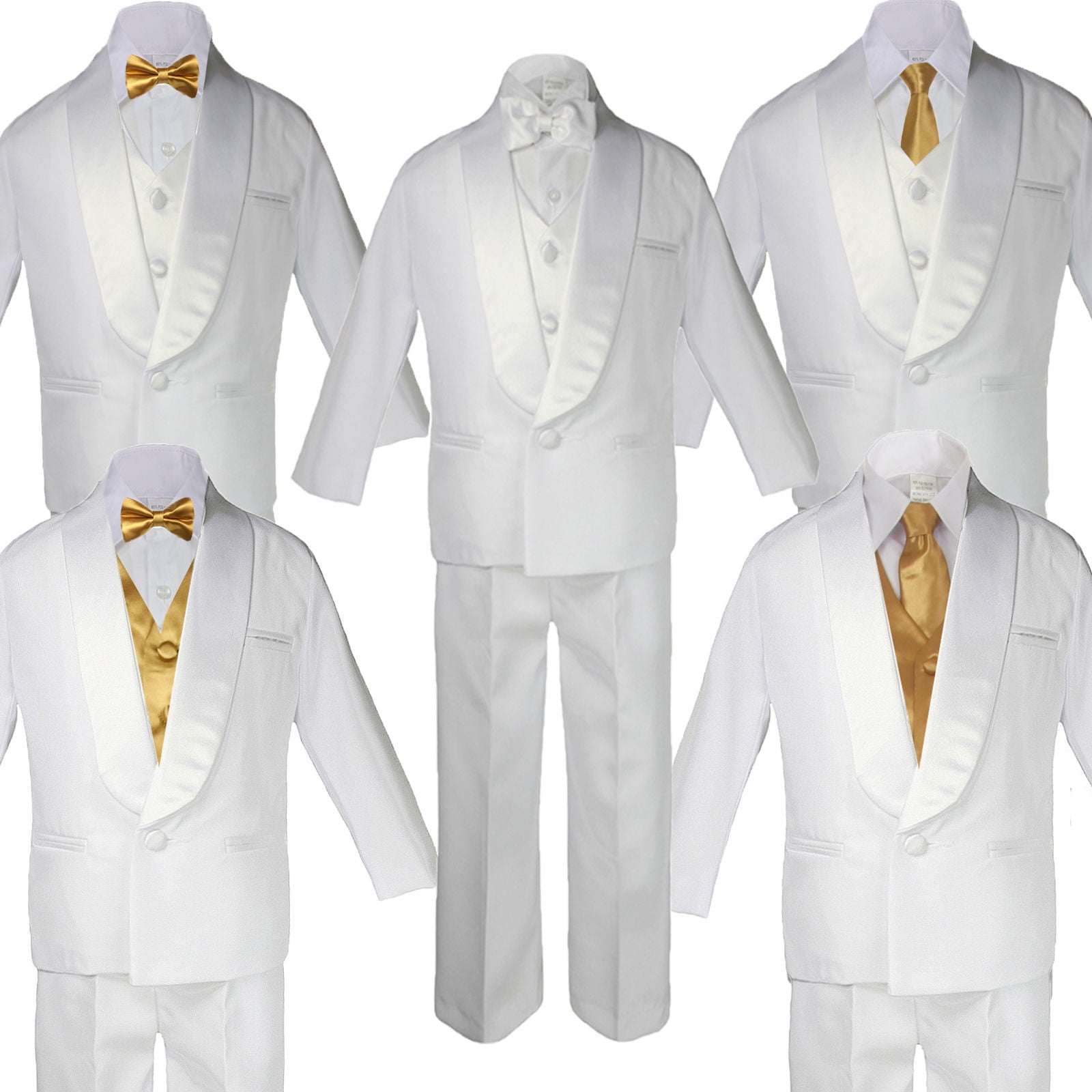 Leadertux 5-7pc Boy Teen White Shawl Lapel Party Suits Tuxedo Gold Satin Bow Necktie Vest, Boy's, Size: 16