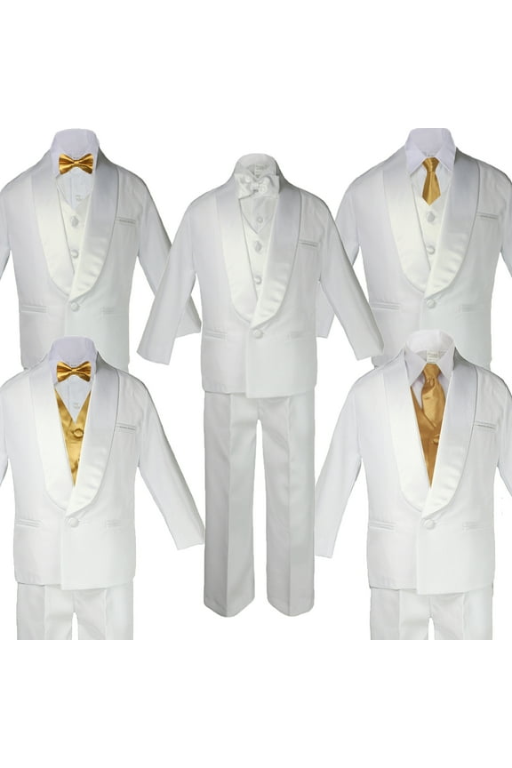 5-7pc Boy Teen White Shawl Lapel Party Suits Tuxedo GOLD Satin Bow Necktie Vest