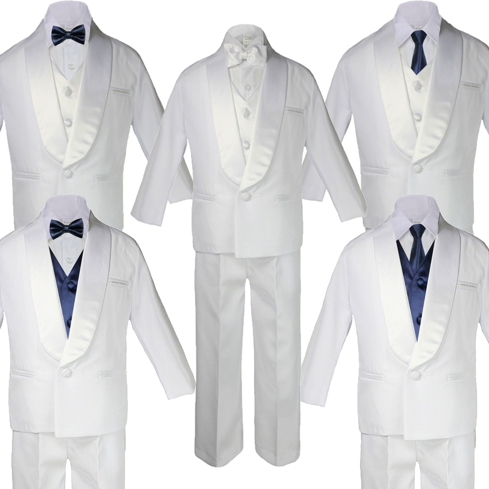57pc Boy White Shawl Lapel Party Suits Tuxedo navy Satin Bow Necktie